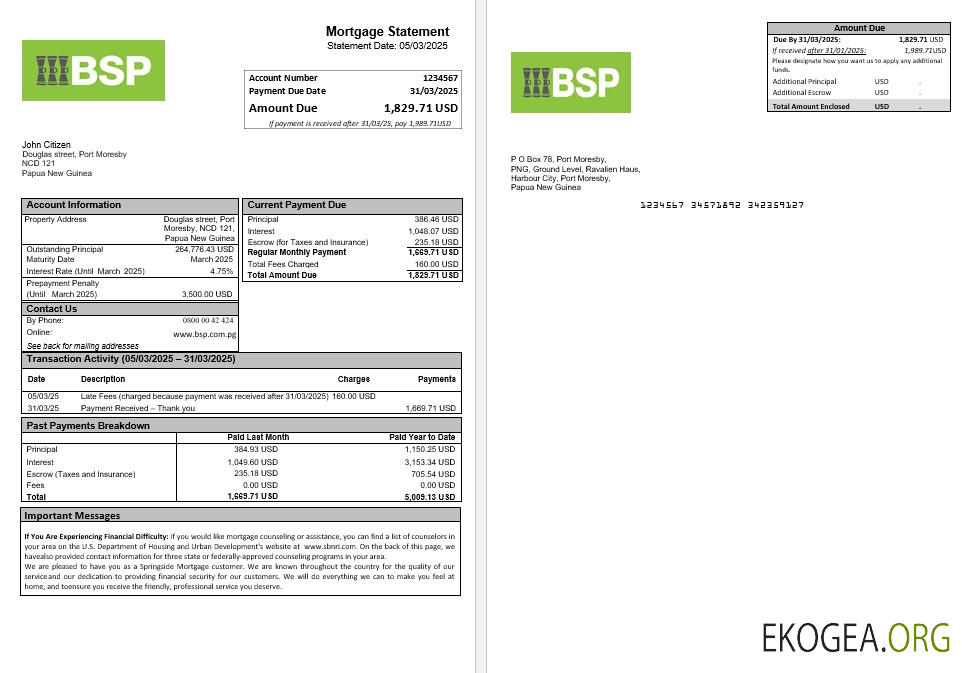 Relevé hypothécaire BSP de Papouasie , Nouvelle , Guinée aux formats Word et PDF